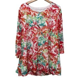 Susan Graver Liquid Knit Women 1X Artsy Floral Lace Overlay 3/4 Sleeve Stretch